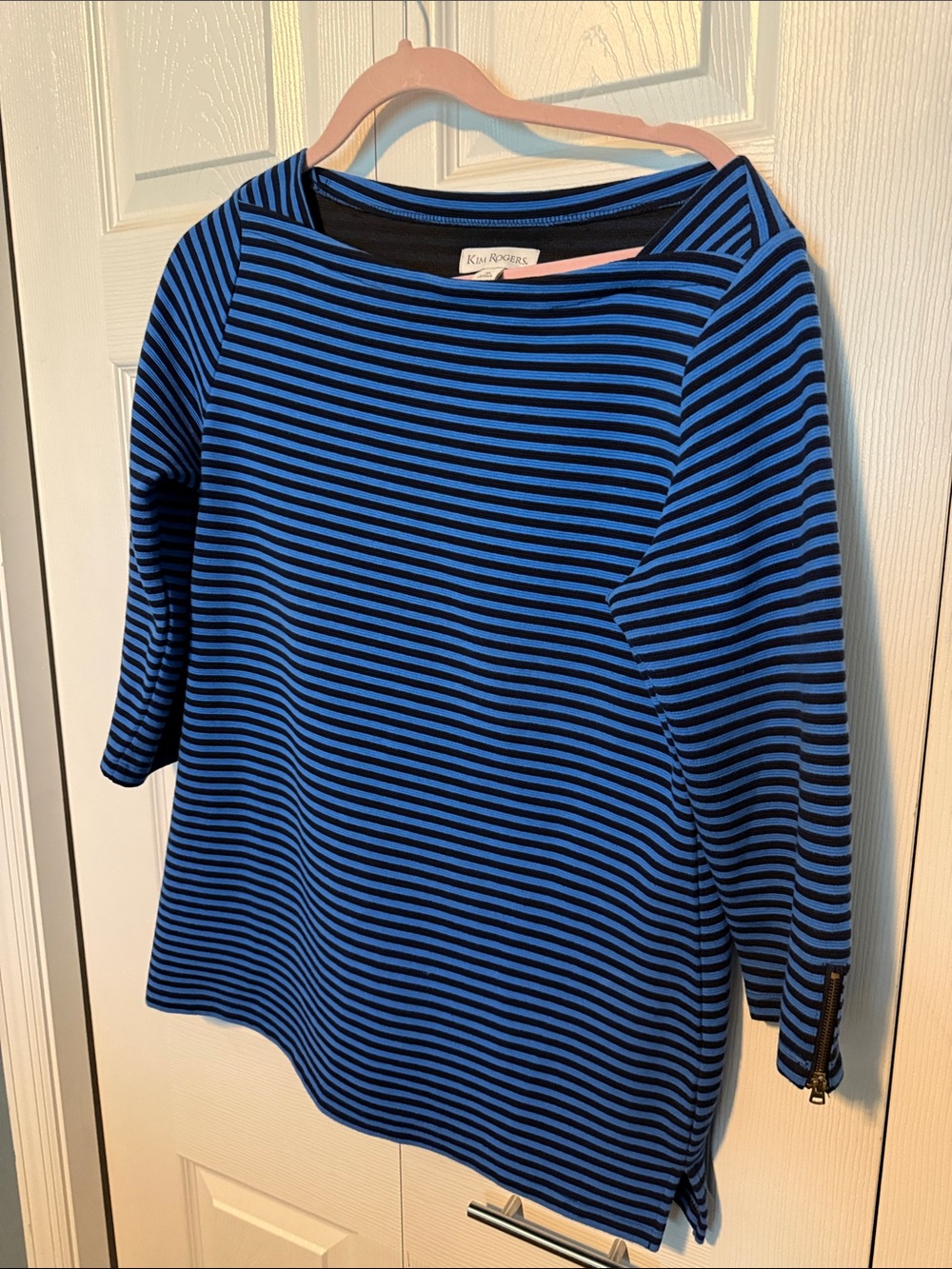 Kim Rogers Blue and Black Striped Boatneck Long Sleeve Top